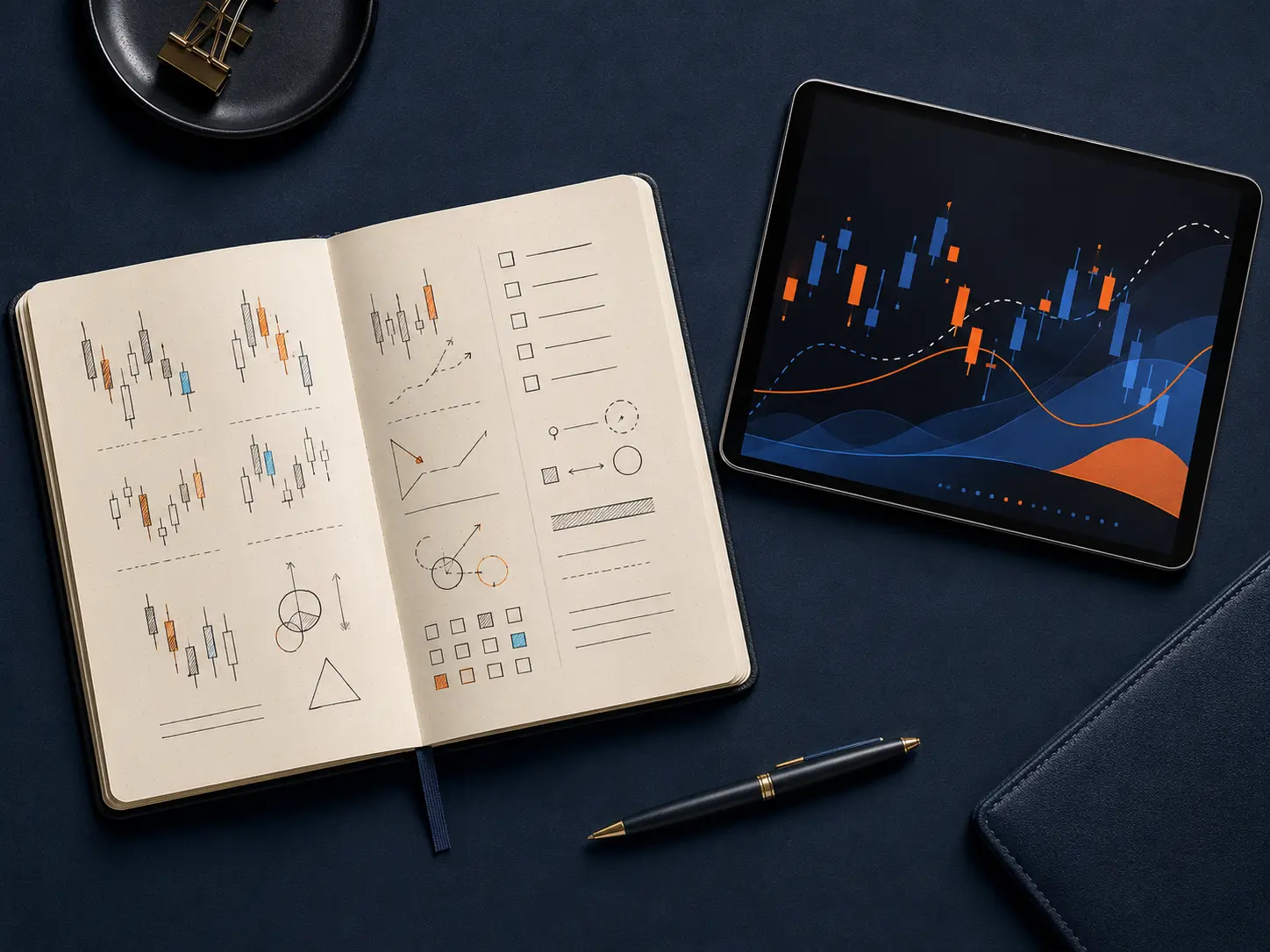 Trading education notes and chart sketches on a desk